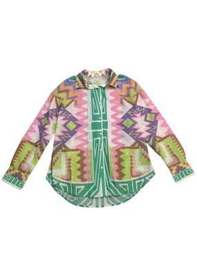 Multicolor White Pink Green Print Button Down Blouse Medium Dopamine Maximalism